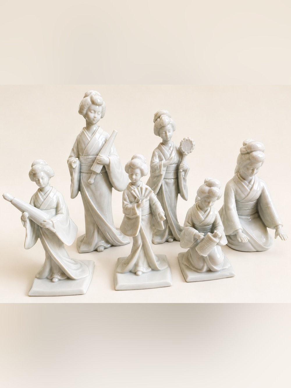 Vintage Genin Trudeau Japan White Porcelain Geisha Figurine Set - 6pc​